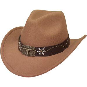 Unisex Khaki 100% Polyester Bull Skull Band Classic Fedora Felt Cowboy Hat